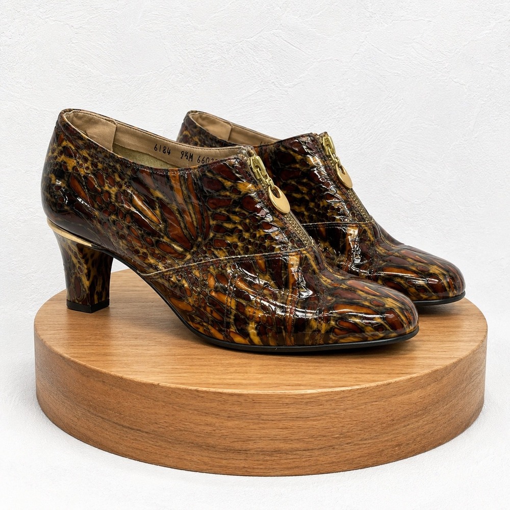 Vintage Norman Kaplan Las Vegas Brown Reptile Print Front‎ Zip Pumps Heels 9.5M